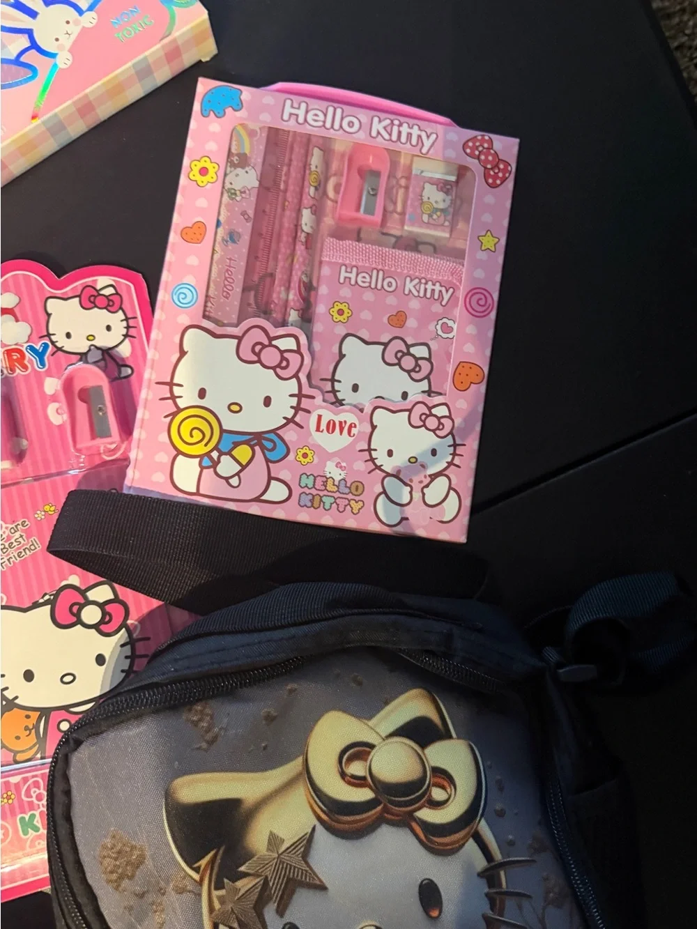 Hello Kitty Metallic Gold and Black Backpack + Matching Pouch Set